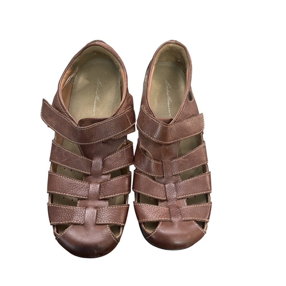 Eddie Bauer Leather Fisherman Sandals Brown Strappy Hook and Loop Closure Size 9